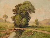 Peter Grabwinkler, Untitled - Pastoral Scene with Tree and Bridge, oil on canvas