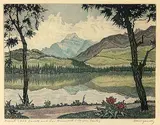 Nicholas Hornyansky, Mount Edith Cavell and Lac Beauvert, Jasper Park, colour etching on paper