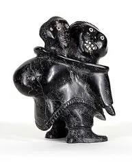 Samuel Nahaulaituq, Untitled - Mother and Child, black stone sculpture with bone inlay
