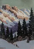 Theodoor Marie Schintz, Mountains in the Winter Night, oil on paper board