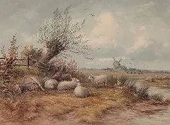 Harrison Smythe, Untitled - Sheep with Windmill in Distance, watercolour on paper