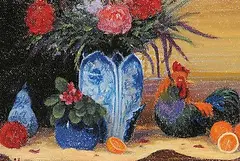 Joan Hall Staseson, Still Life with Rooster and Delft Vase, 2003, oil on canvas