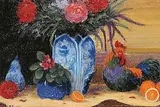 Joan Hall Staseson, Still Life with Rooster and Delft Vase, 2003, oil on canvas