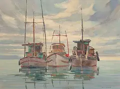 Ronald Threlkeld Jackson, Indian Fishboats, Porter Pass, B.C., oil on canvas board