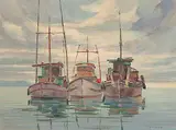 Ronald Threlkeld Jackson, Indian Fishboats, Porter Pass, B.C., oil on canvas board