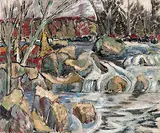 Kenneth Loveless, Rapids Through the Autumn Forest, oil on paper board
