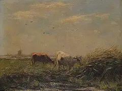 Willem Maris, Untitled - Two Cows in a Pastoral Landscape, oil on wood panel