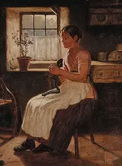 Thomas Wilson, Untitled - Knitting by the Window, oil on canvas board