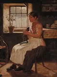 Thomas Wilson, Untitled - Knitting by the Window, oil on canvas board