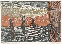Alistair Macready Bell, The Thames from Tower Bridge #9/35, 1961, colour wood block on paper