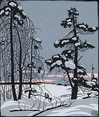 Henry Eric Bergman, Untitled - Sunset Winter Lake, colour block print on paper