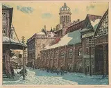 Nicholas Hornyansky, St. Lawrence Market from Front and Market Sts., Toronto, colour etching on paper