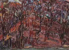 Michael Janzen, The Sun's Last Touch, Carpeted Hillside and Trees, 1990, oil on hard board