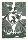 Illingworth Kerr, Magpies, Winter Sun #86/100, lino block on paper