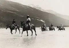 Leonard Juda Frank, Trail Riders Fording River, Jasper, black and white photograph on paper