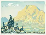 Margaret Shelton, Mount Rundle #37/100, 1942, lino block in four colours on paper
