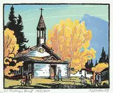 Margaret Shelton, St. Mary's Banff #129/200, 1952, lino block in five colours on paper