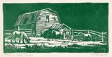 Margaret Shelton, Barn at Seebe, 1975, lino block on paper