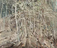 Untitled - A Copse of Aspen by Brent B. Tuomi, 1981, oil on hard board, sold Nov 2004