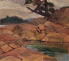 Doris Jean McCarthy, Rock Puddle below the Pine, Baie Fine, 1935, oil on wood board