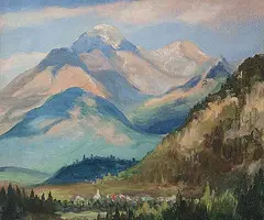 Aleen Aked, Untitled - The Mountain Village, oil on hard board