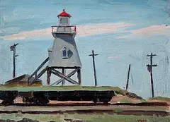 Lighthouse, New Brunswick by Thomas Reid MacDonald, 1947, oil on wood panel, sold Apr 2004