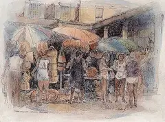 John Everett Secord, Straw Market, Nassau Bahamas, mixed media on paper