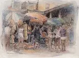 John Everett Secord, Straw Market, Nassau Bahamas, mixed media on paper