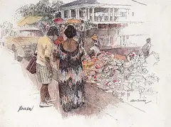 John Everett Secord, Untitled - Nassau Market, mixed media on paper