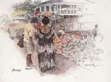 John Everett Secord, Untitled - Nassau Market, mixed media on paper