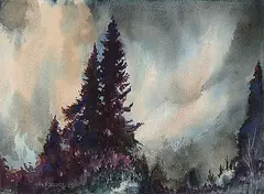 John Everett Secord, Untitled - Spruce and Threatening Sky, watercolour on paper