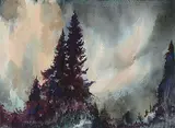 John Everett Secord, Untitled - Spruce and Threatening Sky, watercolour on paper