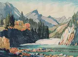 Margaret Shelton, Bow Falls Banff #68/100 Ed.2, 1972, lino block in eight colours on paper