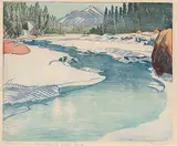 Margaret Shelton, Spray River and Goat Mountain, Banff #55/80, 1943, wood block in six colours on paper