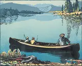 Margaret Shelton, Fishing on the Bow #53/100, 1945, lino block in six colours on paper