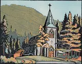 Margaret Shelton, Saint Georges, Banff #93/100, 1944, lino block in six colours on paper