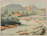 Margaret Shelton, Robin Hood Hills, Drumheller #34/50, 1942, wood block in eight colours on paper