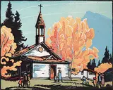 Margaret Shelton, St. Mary's Banff #130/200, 1952, lino block in five colours on paper