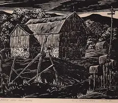 Cyril John Travers, Barn and Mail Boxes, relief print on paper