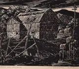 Cyril John Travers, Barn and Mail Boxes, relief print on paper