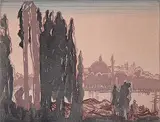 Yoshijuro Urushibara, Untitled - Sunset over the City, colour wood block on paper