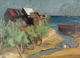 E. Eric Goldberg, Village by the Beach, oil on canvas