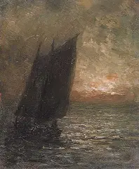 Robert Harris, Untitled - Sailing Boat at Dusk, oil on paper board