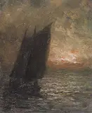 Robert Harris, Untitled - Sailing Boat at Dusk, oil on paper board