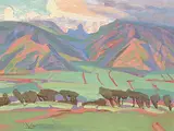 Irrigated Sugar Cane, Clouded Mountain, Maui by Illingworth Kerr, 1975, oil on canvas board, sold Nov 2003
