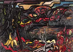 Kenneth Loveless, Autumn Landscape with Lake and Hills, oil on canvas board