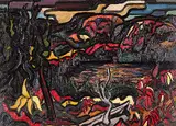 Kenneth Loveless, Autumn Landscape with Lake and Hills, oil on canvas board