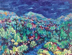 A Summer Place by Janet Mitchell, 1970, acrylic on hard board, sold Nov 2003