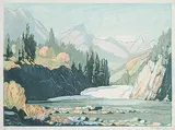 Margaret Shelton, Bow Falls at Banff, 1972, lino block in eight colours on paper