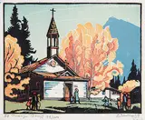 Margaret Shelton, St. Mary's Banff #93/200, 1952, lino block in five colours on paper